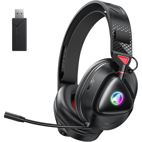 Awinnasey 2,4 GHz Wireless Gaming Headset mit Mikrofon, Bluetooth Gaming Kopfhörer mit RGB Lichter, Kabellose Gaming Headset für PS5/PS4/Switch/PC/Mac, Schwarz Rot von Awinnasey