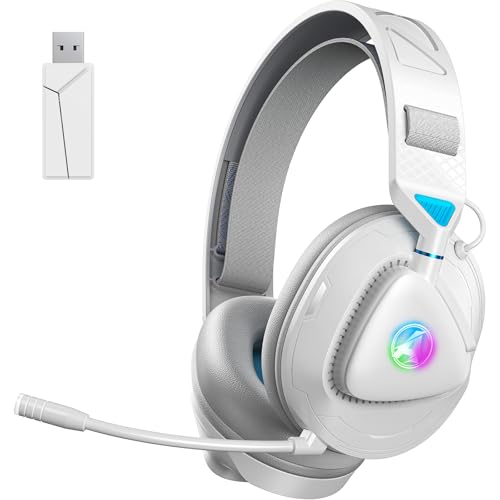 Awinnasey PH3 Wireless Gaming Headset für PS5, PS4, Switch, PC, Mac, Bluetooth Kopfhörer mit Abnehmbarem Mikrofon, Leichtes Bluetooth Headset mit RGB Licht, 50 Stunden Akku, Weiß Blau von Awinnasey