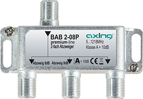 Axing BAB 2-08P 2-fach Abzweiger 8dB Kabelfernsehen CATV Multimedia DVB-T2 Klasse A+, 10dB, 5-1218 MHz metall von Axing