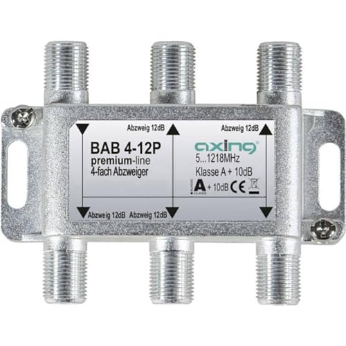 Axing BAB 4-12P 4-fach Abzweiger 12dB Kabelfernsehen CATV Multimedia DVB-T2 Klasse A+, 10dB, 5-1218 MHz metall von Axing