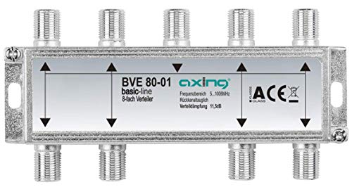 Axing BVE 80-01 8-Fach BK-Verteiler (5-1000 MHz) für Kabelfernsehen und DVB-T2 HD, F-Anschlüsse von Axing