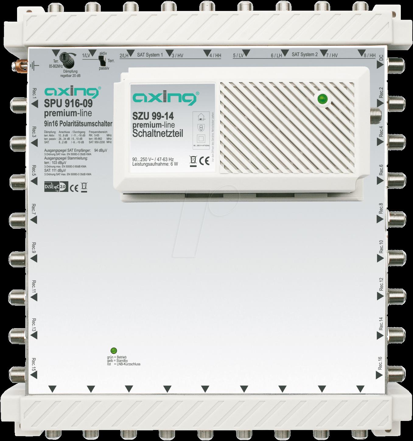 Axing SPU 916-09 - Kabel-Splitter-/Verbinder - 5 - 2200 MHz - Grau - Silber - 90-250 V~/47-63 Hz - 18 V=/1.2 A - F - 230 mm (SPU91609) von Axing