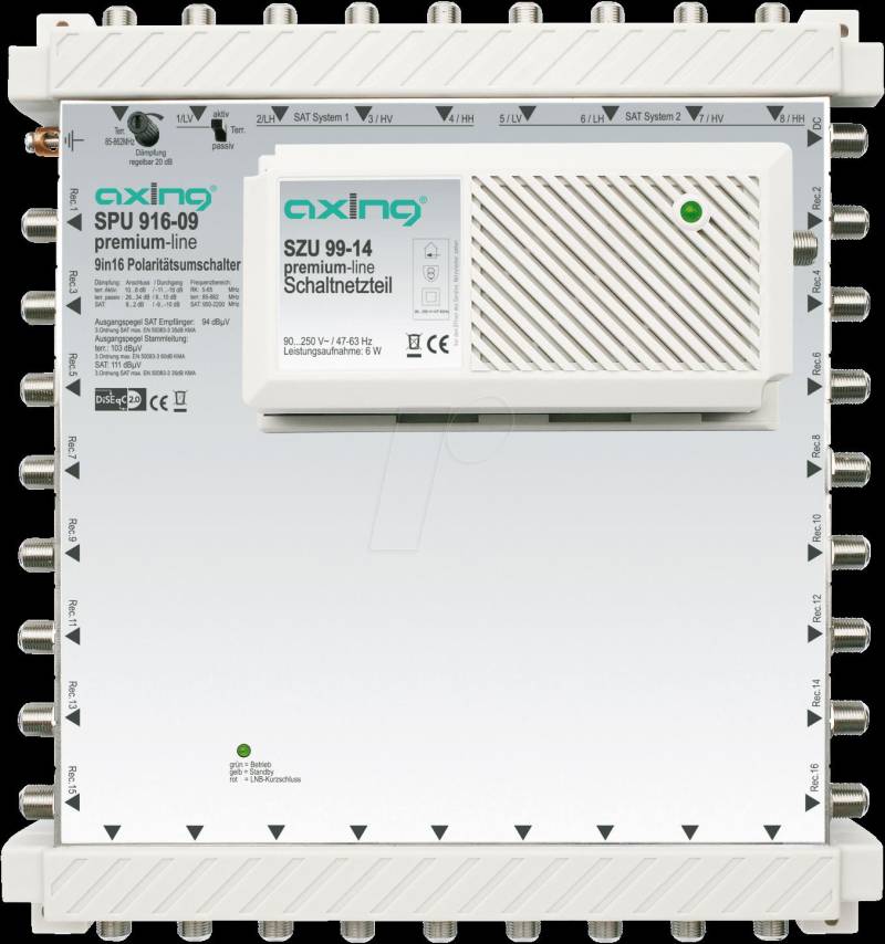 Axing SPU 916-09 - Kabel-Splitter-/Verbinder - 5 - 2200 MHz - Grau - Silber - 90-250 V~/47-63 Hz - 18 V=/1.2 A - F - 230 mm (SPU91609) von Axing