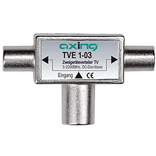 Axing TVE 1-03 TV Zwei-Geräte-Verteiler BK Sat DVB-T2 HD (5-2200 MHz) DC-Durchlass 2x IEC-M und 1x IEC-F von Axing