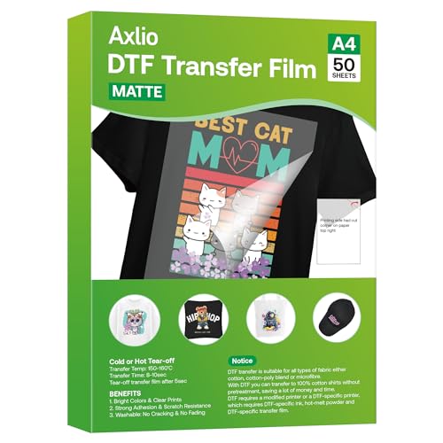 Axlio DTF Transferfolienpapier, A4, doppelseitig, matt, transparent, Vorbehandlungsblätter, PET-Wärmetransferpapier für Epson-Tintenstrahldrucker, DTG-Drucker, Direktdruck auf T-Shirts, Textil, 50 Axlio DTF Transferfolienpapier, A4, doppelseitig, matt, transparent, Vorbehandlungsblätter, PET-Wärmetransferpapier für Epson-Tintenstrahldrucker, DTG-Drucker, Direktdruck auf T-Shirts, Textil, 50 von Axlio