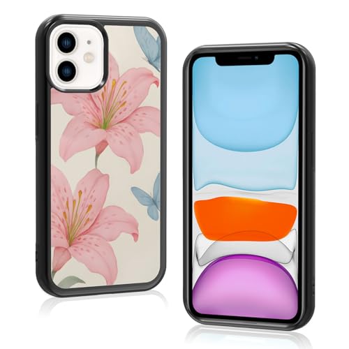 Axulimin Schutzhülle für iPhone 11 (6,1 Zoll), Motiv: niedliche rosa Lilie, Blume, blauer Schmetterling, Blume, Blume, Blau von Axulimin