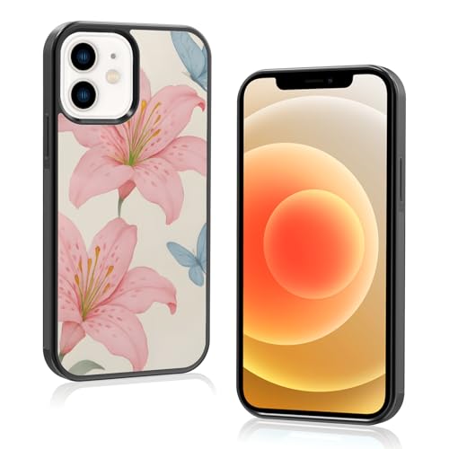 Axulimin Schutzhülle für iPhone 12 & 12 Pro, Motiv: niedliche rosa Lilie, blauer Schmetterling, Blume, Blau, Schmetterling, Blumen, 15,5 cm (6,1 Zoll) von Axulimin