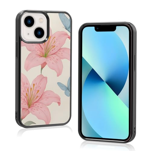 Axulimin Schutzhülle für iPhone 13 Mini, Motiv: niedliche rosa Lilie, blauer Schmetterling, Blume, 13 cm (5,4 Zoll) von Axulimin