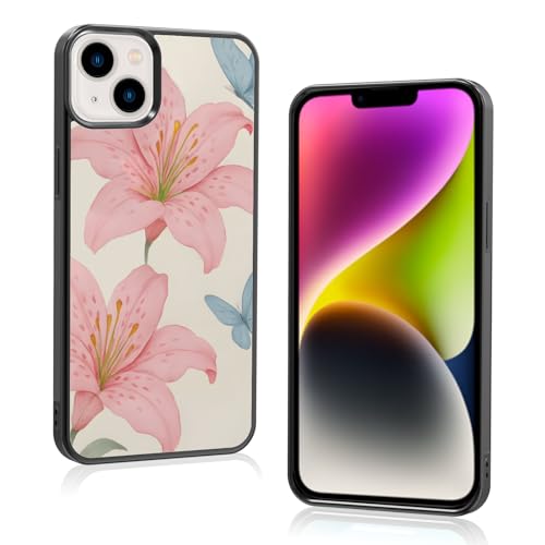 Axulimin Schutzhülle für iPhone 14 Plus, Motiv: niedliche rosa Lilie, blauer Schmetterling, Blumenmuster, ästhetische Handyhülle für Teenager, Mädchen und Frauen (17,5 cm) von Axulimin