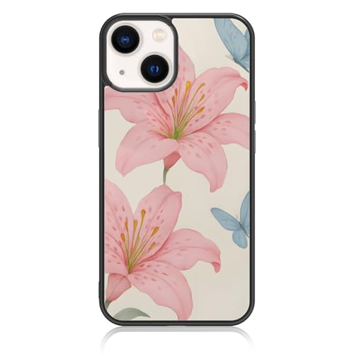 Axulimin Schutzhülle für iPhone 14 und iPhone 13, Motiv: niedliche rosa Lilie, blauer Schmetterling, Blume, Blau, 15,5 cm (6,1 Zoll) von Axulimin