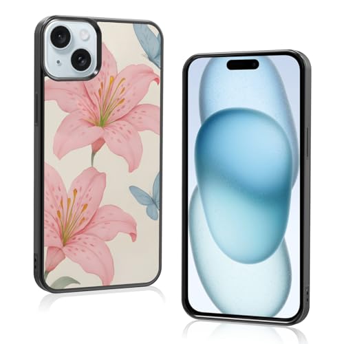 Axulimin Schutzhülle für iPhone 15 Plus, Motiv: niedliche rosa Lilie, blauer Schmetterling, Blume, Blau, 17,5 cm (6,7 Zoll) von Axulimin