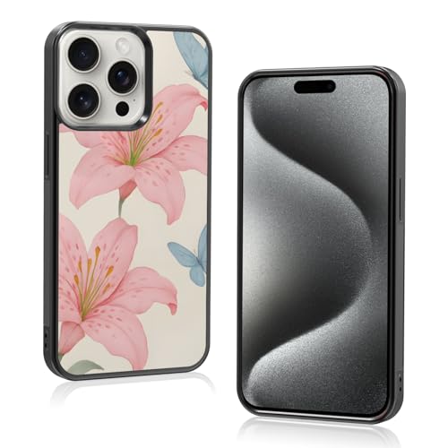 Axulimin Schutzhülle für iPhone 15 Pro, Motiv: niedliche rosa Lilie, blauer Schmetterling, Blumen, 15,5 cm (6,1 Zoll) von Axulimin