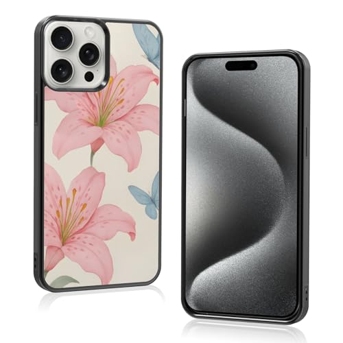 Axulimin Schutzhülle für iPhone 15 Pro Max (17,5 cm), Motiv: niedliche rosa Lilie, blauer Schmetterling, Blume, Blau von Axulimin