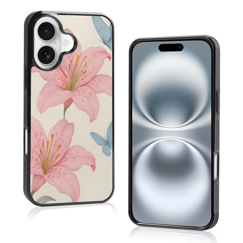 Axulimin Schutzhülle für iPhone 16 (15,5 cm), Motiv: niedliche rosa Lilie, blauer Schmetterling, Blume, Blau von Axulimin