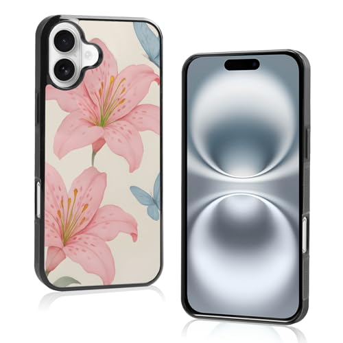 Axulimin Schutzhülle für iPhone 16 Plus, Motiv: niedliche rosa Lilie, blauer Schmetterling, Blumenmuster, ästhetisch, für Teenager, Mädchen, Frauen (17,5 cm) von Axulimin