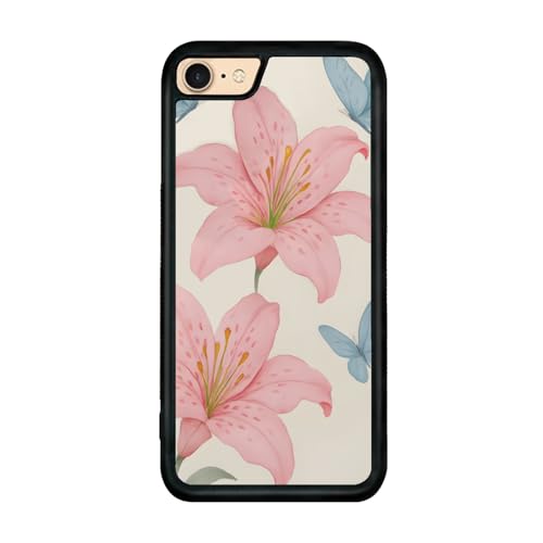 Axulimin Schutzhülle für iPhone 7 / 8 / SE 3. und 2. Generation, Motiv: niedliche rosa Lilie, blauer Schmetterling, Blumenmuster, 11,9 cm (4,7 Zoll) von Axulimin