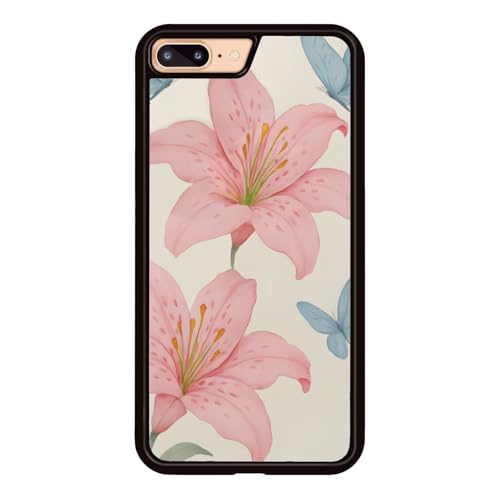 Axulimin Schutzhülle für iPhone 7 Plus & 8 Plus, Motiv: niedliche rosa Lilie, blauer Schmetterling, Blume, Blau, 14 cm (5,5 Zoll) von Axulimin