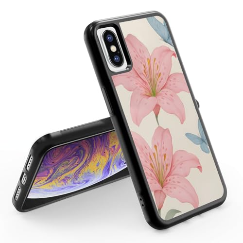 Axulimin Schutzhülle für iPhone X und XS, Motiv: niedliche rosa Lilie, blauer Schmetterling, Blume, Blau, 14 cm (5,8 Zoll) von Axulimin