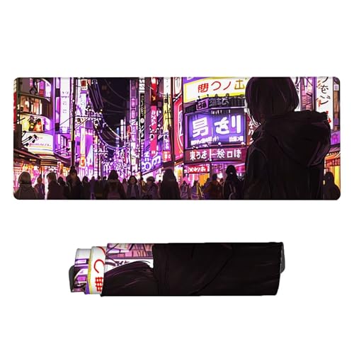 Gaming Mauspad Cyberpunk Mousepad XXL 900 x 400 x 3 mm, Schreibtischunterlage Stadt, Rutschfeste Gummibasis, Wasserdicht Mauspad Gaming, Großes Mousepad mit Vernähte Kanten, Mauspad Gaming Zubehör J-5 Gaming Mauspad Cyberpunk Mousepad XXL 900 x 400 x 3 mm, Schreibtischunterlage Stadt, Rutschfeste Gummibasis, Wasserdicht Mauspad Gaming, Großes Mousepad mit Vernähte Kanten, Mauspad Gaming Zubehör J-5 von Aynaeinn