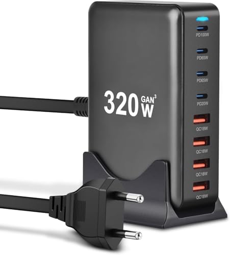 USB Schnellladegerät, 320W USB C Ladegerät Mehrfach, 8 Port USB Charging Station mit GAN III und PD 3.0, Schnellladestation mit 4USB C und 4USB A für Telefon, Tablets und Laptop von Ayolofei