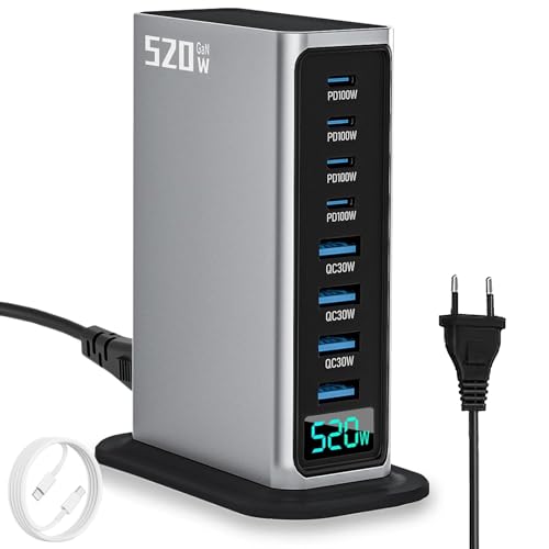 USB Schnellladegerät, 520W USB C Ladegerät Mehrfach mit Digitalanzeige, 8 Port USB Charging Station mit GAN III und PD 3.0, Schnellladestation mit 4USB C & 4USB A für Telefon, Tablets, Laptop von Ayolofei