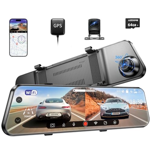 AZDOME 11.8" Spiegel Dashcam mit WiFi & GPS, 2K, 170°Vorne+1080P, Super Nachtsicht, Loop-Aufnahme, G-Sensor, WDR, Einparkhilfe, Parküberwachung, SD Karte(PG17) von Azdome
