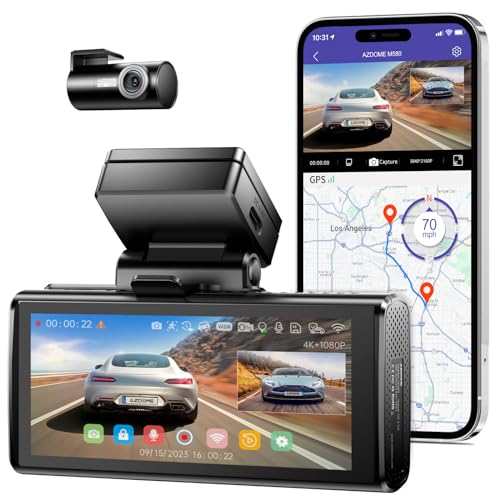 AZDOME 2-Kanal Dashcam vorne hinten 4K + 1080P mit 5GHz WiFi, GPS-Autokamera & 5K Frontkamera, 4 Zoll IPS Touchscreen, 4 Parkmodi, Superkondensator, Weitwinkel, 64G SD-Karte (M580) von Azdome