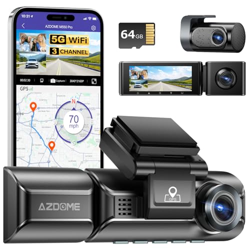 AZDOME 3 Linse Dashcam 2K+1080P+1080P mit 5G WiFi GPS Autokamera Vorne Hinten und Innen & Super Nachtsicht, Parküberwachung, Loop-Aufnahm, WDR, G Sensor, Unterstützt maximal 256 GB(M550Pro-3CH) von Azdome