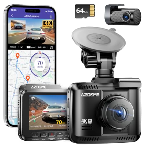 AZDOME 4K Dashcam mit 5G WiFi Kostenlose 64GB TF-Karte, Dashcam vorne und hinten, 170° Weitwinkel, GPS-Sprachsteuerung, WDR Nachtsicht, G-Sensor, Parkmonitor, maximale von Azdome