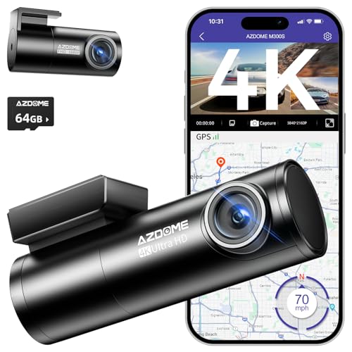 AZDOME Dashcam mit Rückfahrkamera[4K, 170°Vorne+1080P, 150°Hinten] 5GHz WiFi, GPS, Englische Sprachsteuerung, Super Nachtsicht, WDR, Loop-Aufnahme, G-Sensor, Parküberwachung 64G Micro SD-Karte (M300S) von Azdome