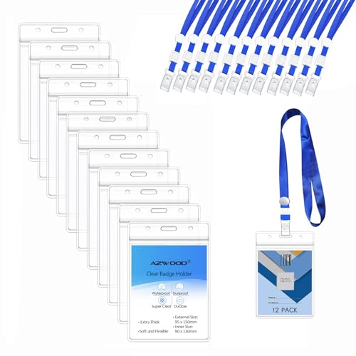 AZWOOD Wasserdicht Ausweishüllen mit band, 12 Stück Kartenhülle Vertikal mit Blau Schlüsselband, Transparenter PVC ID Kartenhalter für Geschäfts Messe Firmen Schulen von Azwood