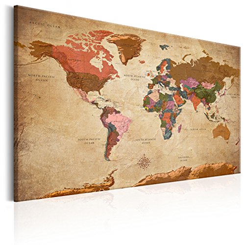 murando englische Weltkarte Pinnwand & Vlies Leinwand Bild 120x80 cm XXL Bilder mit Kork Rückwand Set mit 50 Markierfähnchen-Pinnnadeln Korktafel Kunstdruck Wandbilder Lernkarte Landkarte von B&D XXL