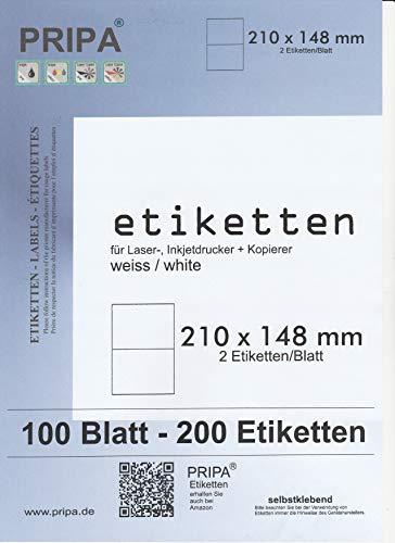 200 Etiketten 210x148mm selbstklebend, 2 Stück auf einem Blatt A4-insgesamt 100Blatt, allround-Qualität weiss von B&S - PRIPA