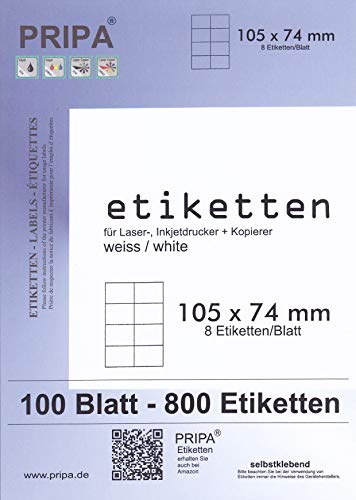 800 Etiketten 105x74mm selbstklebend auf insgesamt 100 Blatt DIN A4, allround-Qualität weiss von B&S - Pripa