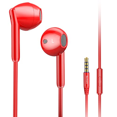 Kopfhörer in ear, In-Ear-Ohrhörer, 3,5-mm-Klinkenstecker, Stereo-Bass-Ohrhörer mit Lautstärkeregler, Rauschunterdrückung, kompatibel mit allen Smartphones, Tablets, iPod, iPad, MP3-Player（Rot） von BACKWIN