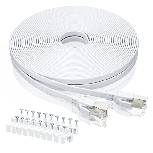 BAHIWOM Cat8 Ethernet-Kabel 30m mit Clips, 40 Gbit/s 2000 MHz Cat 8 Lan Kabel-Netzwerkkabel Gigabit RJ45 Patchkabel, Flach Internetkabel Kompatibel mit Router, mit Modem, mit PC, mit Laptop - Weiß von BAHIWOM