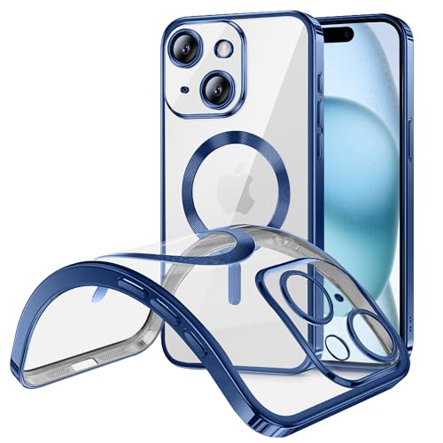 BAICHUANG Clear Magnetisch Hülle für iPhone 15, Kompatibel mit MagSafe, [Mit Integrierter Kameraschutz] [Nie Vergilbung] Case, Ultra Dünn Transparent Silikon Stoßfest Handyhülle für iPhone 15，Blau von BAICHUANG