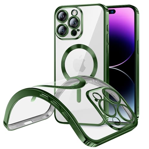 Clear Magnetisch Hülle für iPhone 14 Pro, Kompatibel mit MagSafe, [Mit Integrierter Kameraschutz] [Nie Vergilbung] Case, Ultra Dünn Transparent Silikon Stoßfest Handyhülle für iPhone 14 Pro, Grün von BAICHUANG