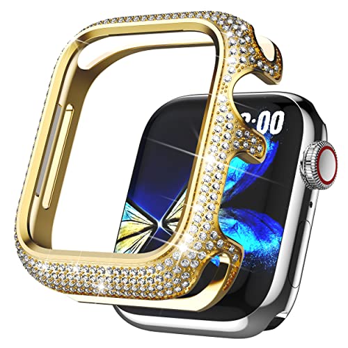 BAIHUIAM Bling Cases Kompatibel mit Apple Watch 44 mm SE/Serie 6 5 4, Edelstahl Schutzhülle mit funkelnden Strasssteinen Diamant Lünette Cover Hülle für Frauen Mädchen, Gold von BAIHUIAM