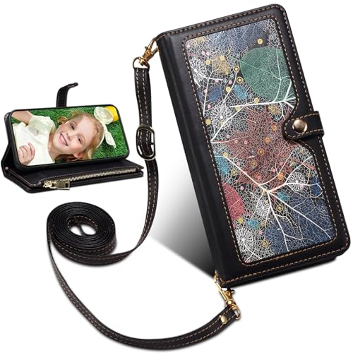 BAILI Handyhülle für Redmi Note 10 Pro 4G Wallet Case mit Kartenfäch Ständer Redmi Note 10 Pro 4G Blatt-Muster Tasche Handytasche-Schwarz von BAILI