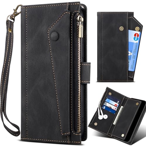BAILI Handyhülle für Xiaomi Poco C71 mit Kartenschlitzen und Kickstand, Magnetverschluss, Reißverschlusstasche Brieftaschenhülle für Xiaomi Poco C71-Schwarz von BAILI