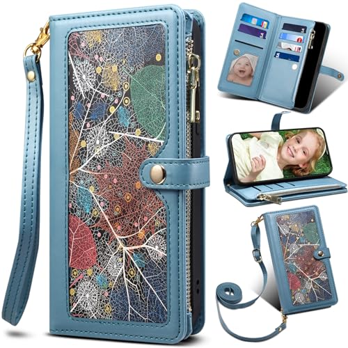 BAILI Handyhülle für iPhone 12 Pro max Wallet Case mit Kartenfäch Ständer iPhone 12 Pro max Blatt-Muster Tasche Handytasche-Blau von BAILI