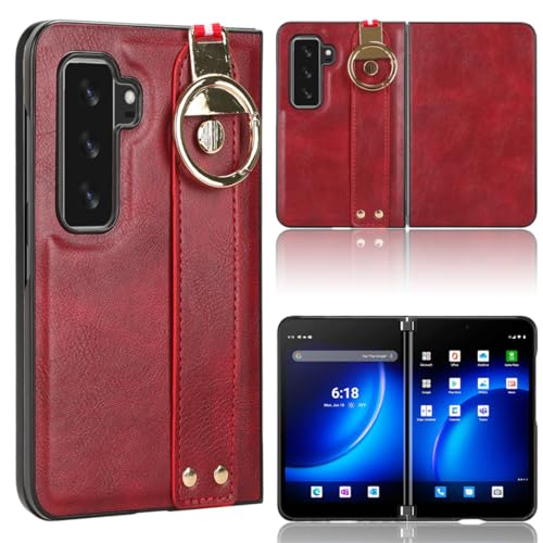 BAILI Hülle für Microsoft Surface Duo 2 mit Ständer, Handgelenkriemen + Objektivschutz Microsoft Surface Duo 2 Schutzhülle Case, Unsichtbarer Metallring mit Ständer Handytasche-Rot von BAILI