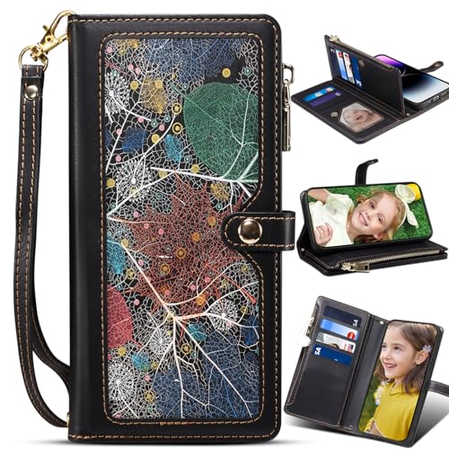 BAILI Reißverschlusstasche für vivo X200 Ultra, Handtäschchen mit Blatt-Muster, Ständer Wallet Cover für vivo X200 Ultra-Schwarz von BAILI