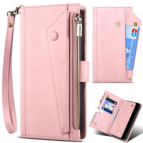 Handyhülle für Samsung Galaxy M16 mit Kartenschlitzen und Kickstand, Magnetverschluss, Reißverschlusstasche Brieftaschenhülle für Samsung Galaxy M16-Rosa von BAILI