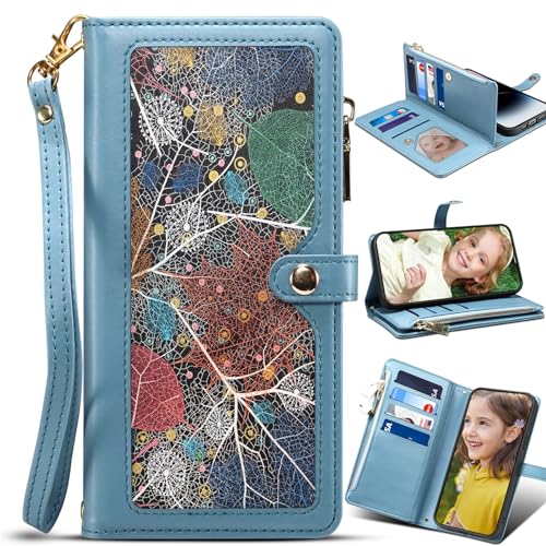 Reißverschlusstasche für Samsung Galaxy F16, Handtäschchen mit Blatt-Muster, Ständer Wallet Cover für Samsung Galaxy F16-Blau von BAILI
