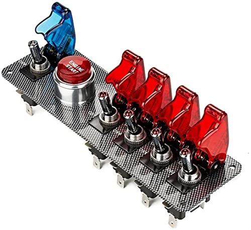 DC12V Klapp-Zündschalter Panel 5 in 1 Auto Motorstart Druckknopf LED Toggle Racing Sport Wettbewerbsauto (4Rot 1Blau,Kohlefaserplatte) von BAITHNA