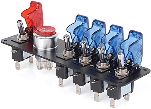 DC12V Klapp-Zündschalter Panel 5 in 1 Auto Motorstart Druckknopf LED Toggle Racing Sport Wettbewerbsauto (4Blau 1Rot, schwarzes Panel) von BAITHNA