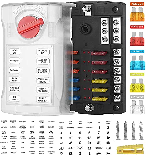 Sicherungshalter 12fach kfz 12v Flachsicherungen ATO/ATC 12 Fach erleuchten Plastikhülle M5 Schraube mit 5-25A Sicherung 32v 100a max für Auto Boot RV von BAITHNA