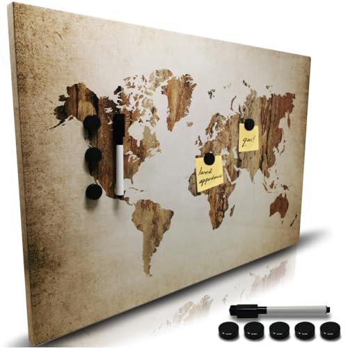 BAKAJI Magnettafel beschreibbar und löschbar für die Wand, Tafel mit 5 Magneten und 1 Marker, Memoboard für Wand, ideal für Küche, Wohnzimmer, Eingang, 60 x 40 cm (Vintage Karte) von BAKAJI